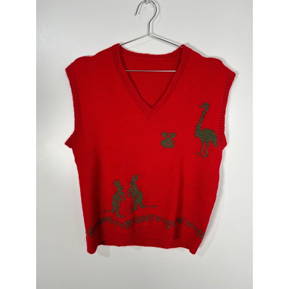 Vintage Sydney Australia Red Knit Sweater Vest Kangaroo Koala Emu Souvenir L/XL